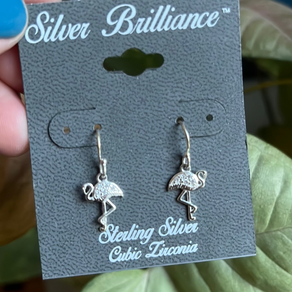 Brand New! Flamingo Earrings. Cubic Zirconia and Silver.